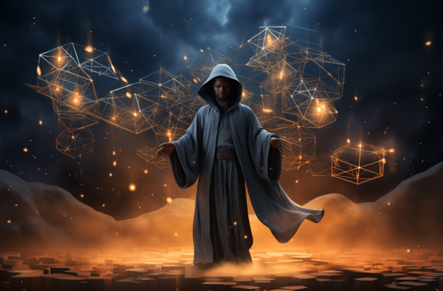 A digital wizard creating 3d artifacts