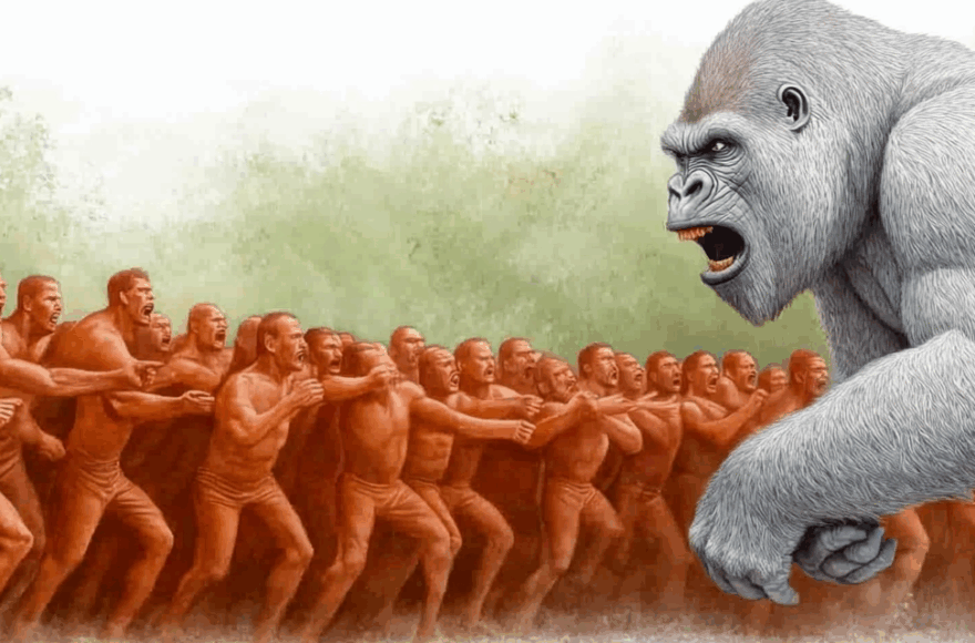 100 men facing off against a single gorilla